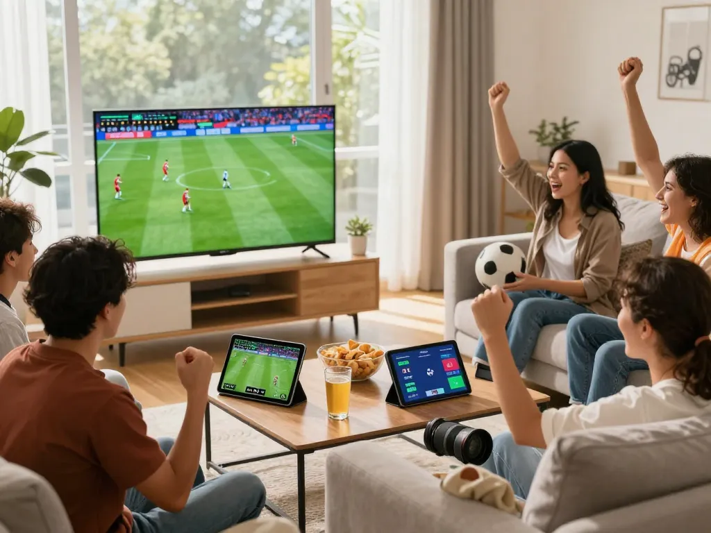 Friends enjoying Okwintv live sports streaming in a cozy living room with snacks and devices.