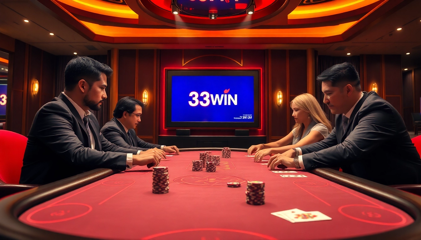 Professional poker players at a table showcasing the 33WIN logo amid a thrilling casino atmosphere.