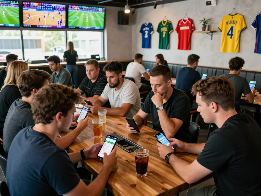 SboBet sports betting scene with bettors engaging on mobile devices in a lively lounge atmosphere.