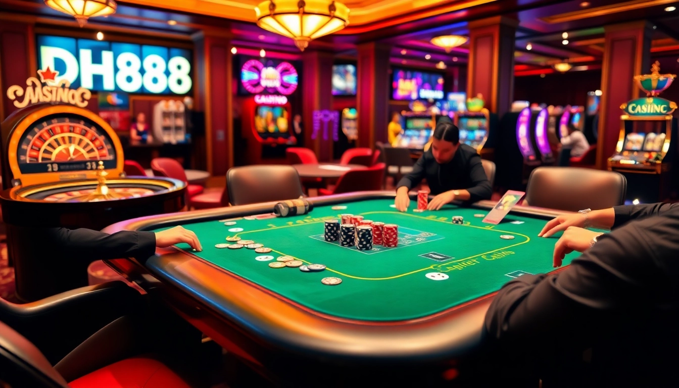 Engage with DH88's thrilling poker action at a luxurious casino table, surrounded by vibrant slots and roulette.