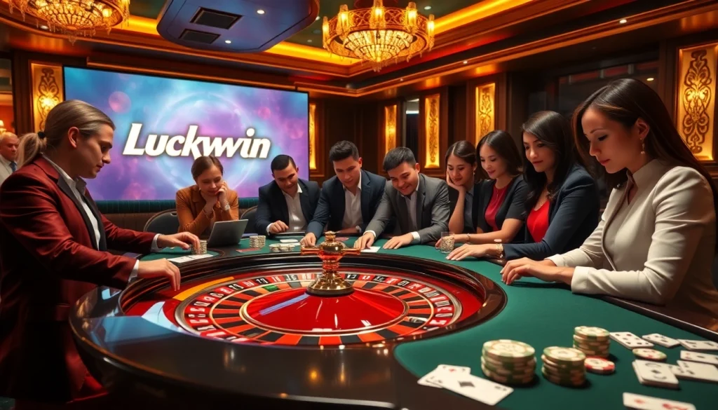 Players enjoying a thrilling game at Luckywin casino, featuring roulette and poker chips.