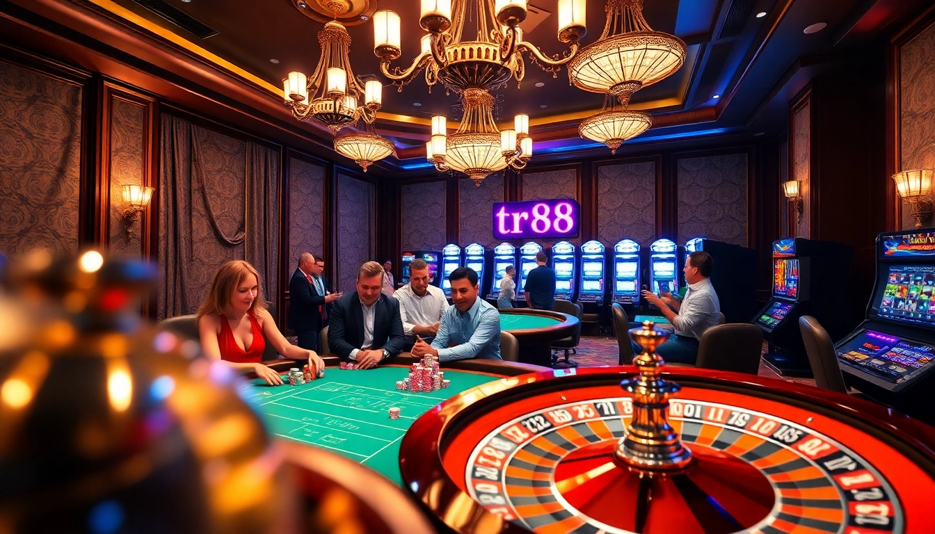 Exciting players enjoy tr88 game at a lavish poker table, surrounded by colorful chips and slot machines.