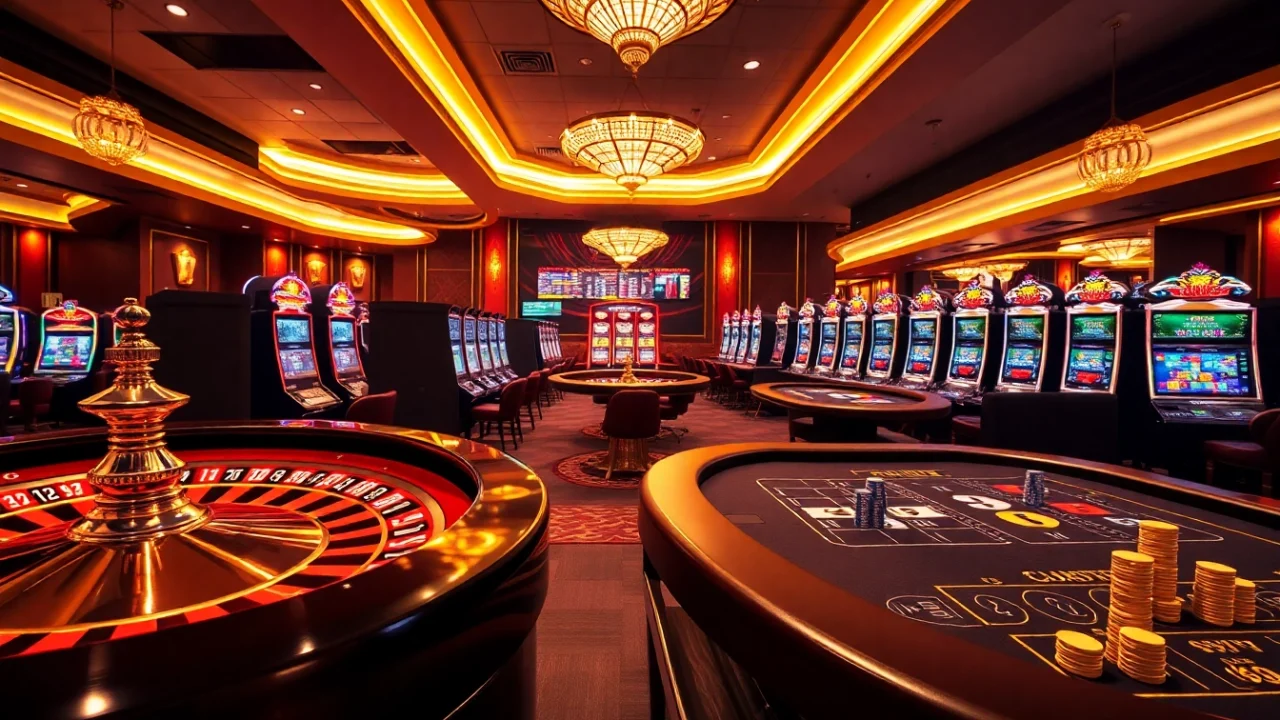 Experience the excitement of 98win at a luxurious casino with poker tables and vibrant slot machines.