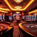 Experience the excitement of 98win at a luxurious casino with poker tables and vibrant slot machines.