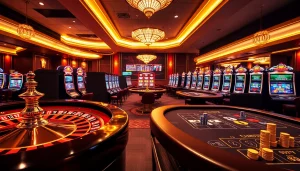 Experience the excitement of 98win at a luxurious casino with poker tables and vibrant slot machines.