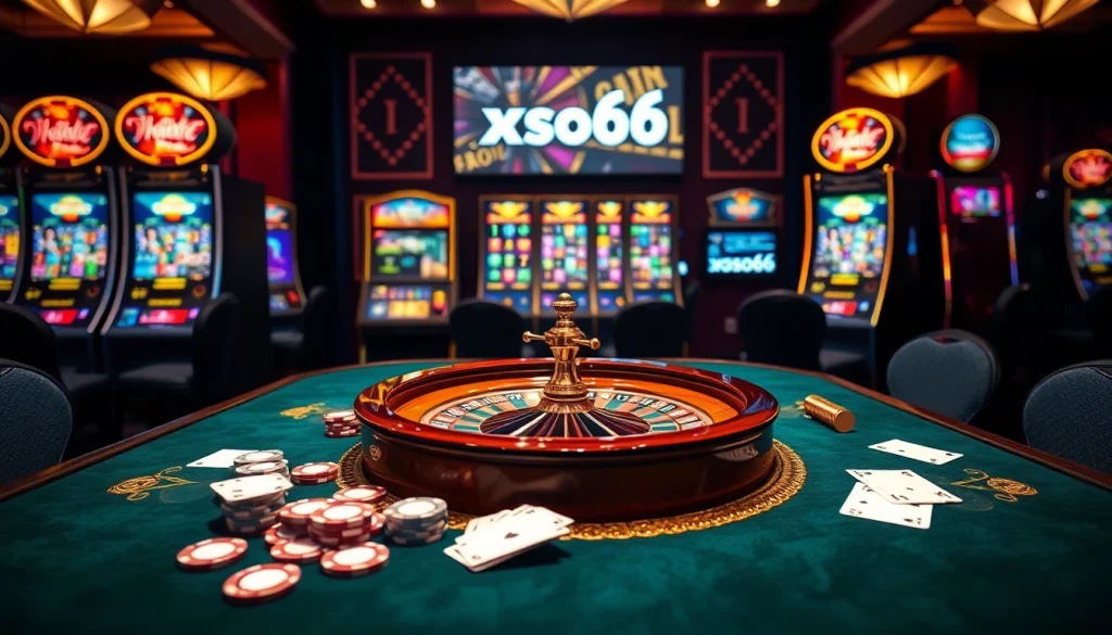 Xoso66 casino table with poker chips and playing cards in an elegant setting.