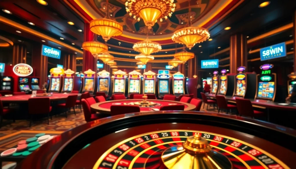 Experience the thrilling ambiance of 58WIN casino with elegant gaming tables and vibrant slot machines.