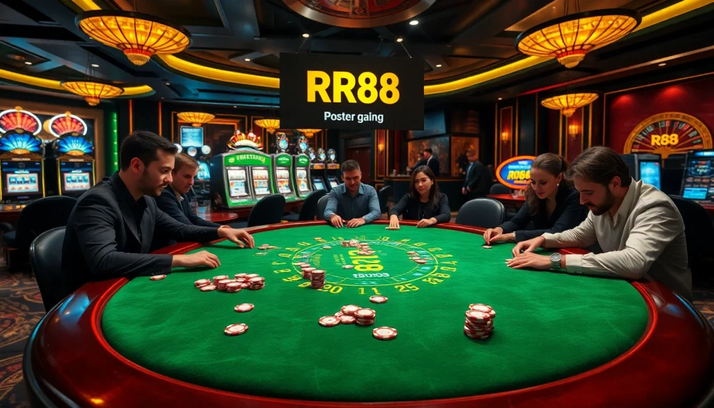 RR88 players celebrating wins at a luxurious casino poker table filled with action.