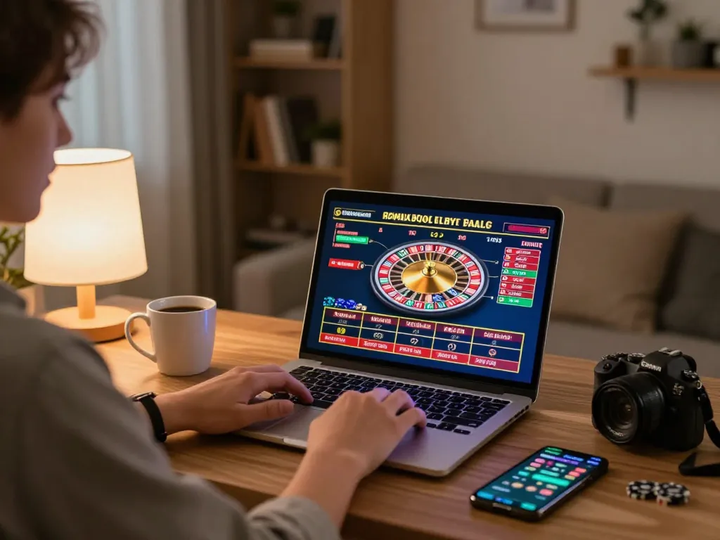 Player engaged in live dealer Roulette on laptop, enjoying ok365 gaming experience at home
