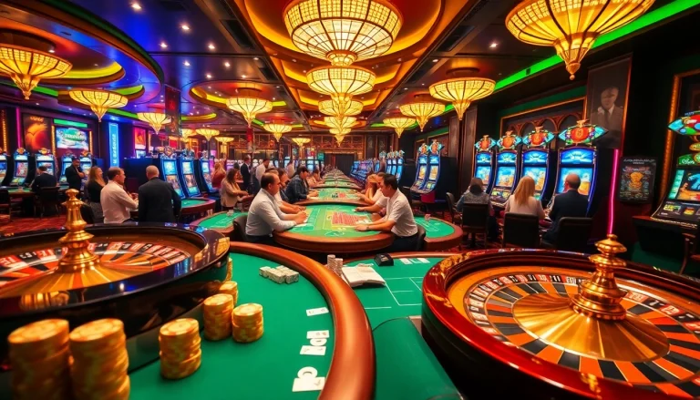 A vibrant casino scene showcasing players audibly engaging at tables and slot machines while experiencing the excitement of gambling at https://cm88.autos/.