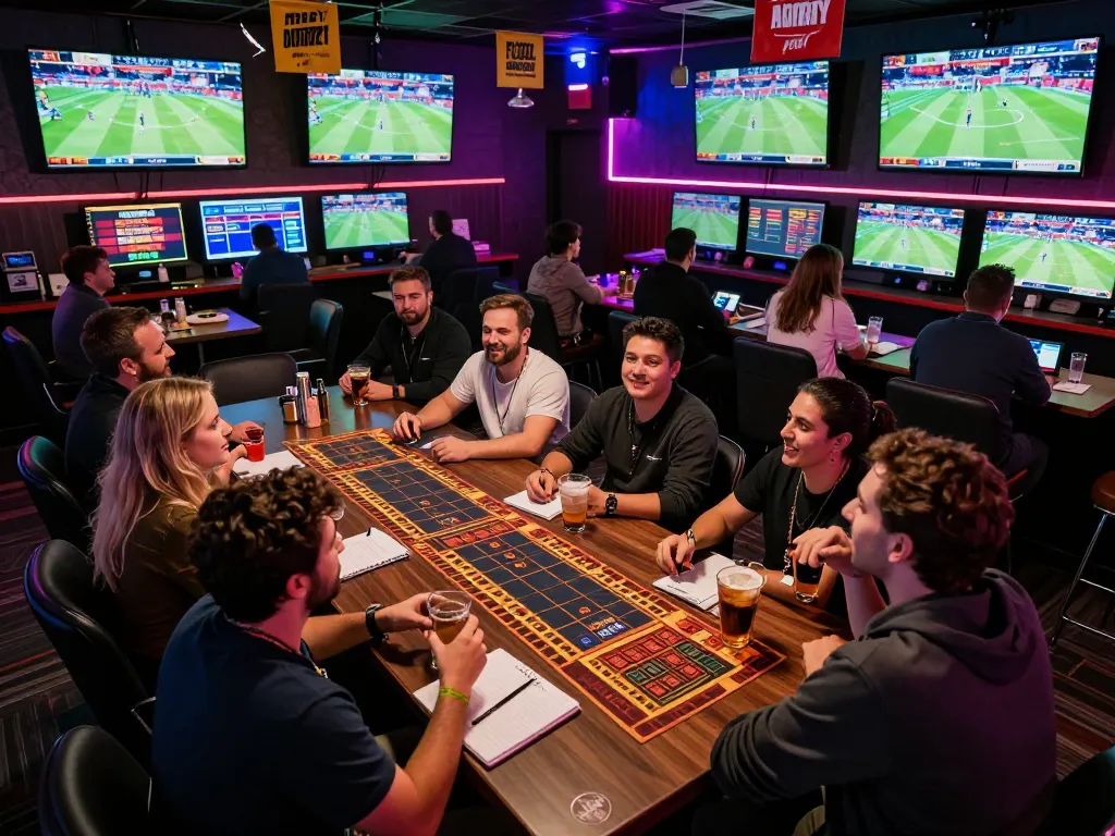 Fans placing strategic bets at Tin88's lively sports betting lounge with multiple screens showcasing events.