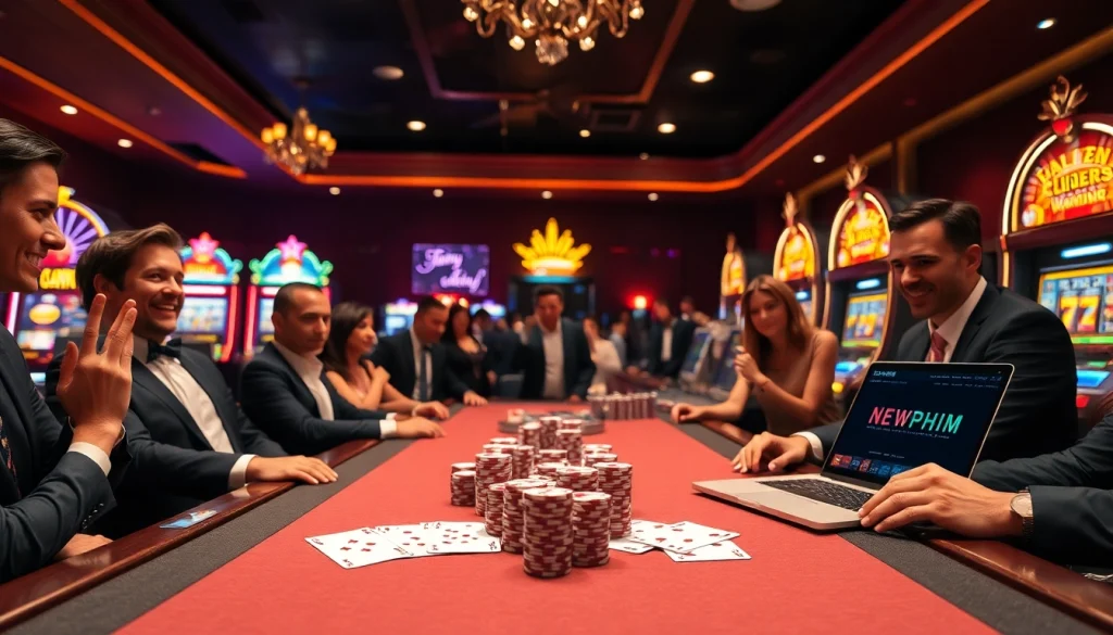 Gamblers enjoy high-stakes action at a casino table featuring newphim online streaming interface, vibrant poker chips, and cards.
