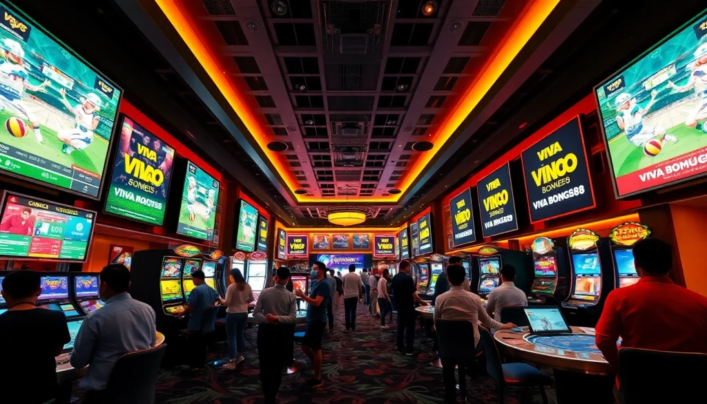 Explore the exciting atmosphere of Viva Bong88's casino bustling with players and vibrant gaming experiences.