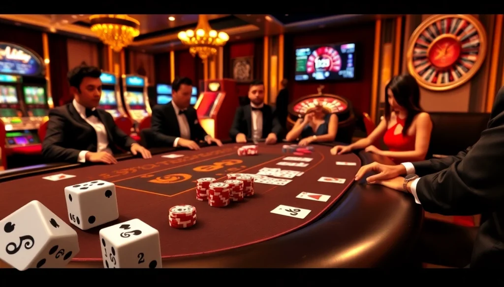 The excitement of a poker game at https://lu88bb.com/ with elegant players, vivid chips, and gleaming casino atmosphere.