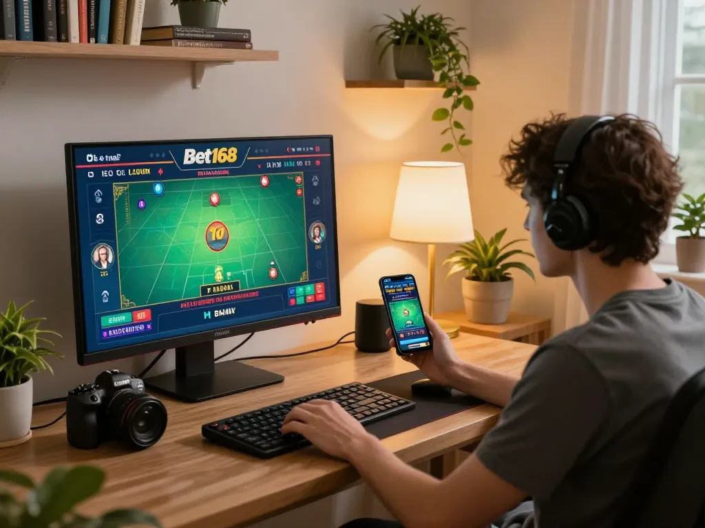 Engaging in strategic gameplay at Bet168's live dealer game on a home office monitor.