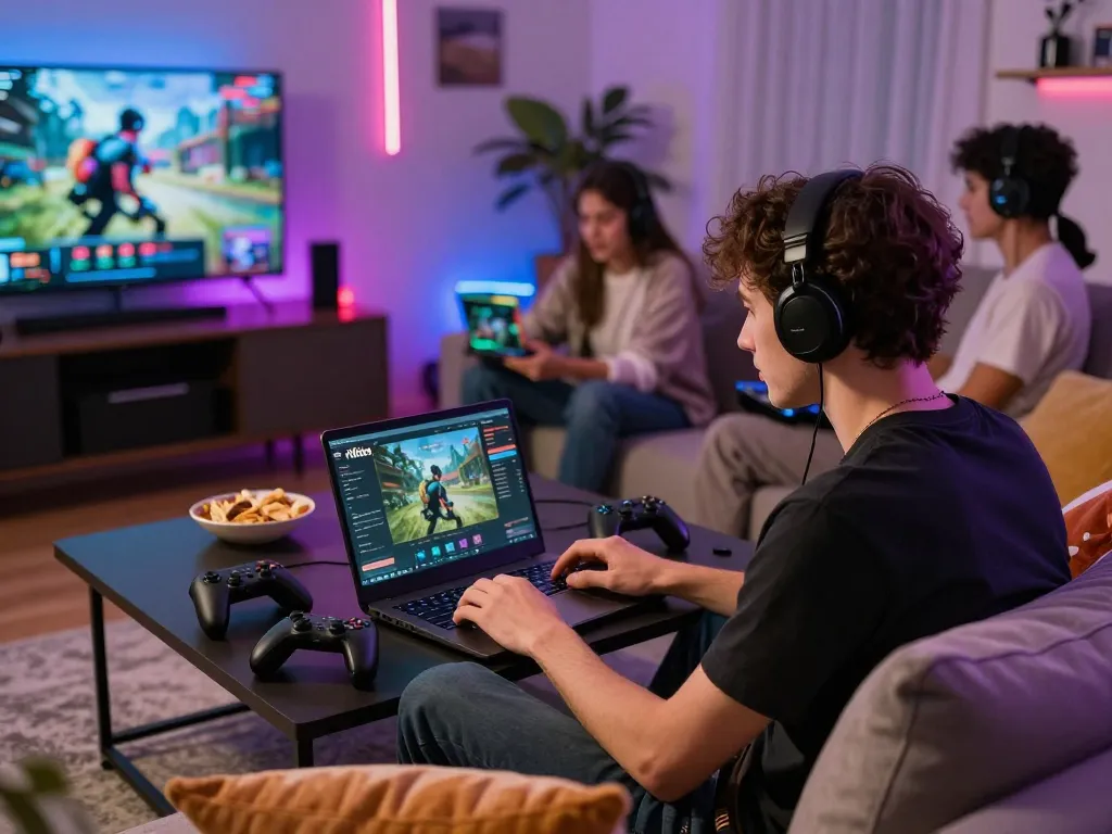 Engaged gamer enjoying the rikbet platform in a cozy home setting.