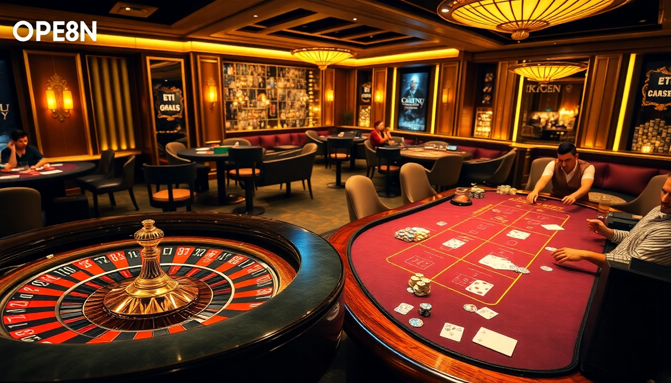 Players enjoying poker and roulette at OPEN88's luxurious casino atmosphere.