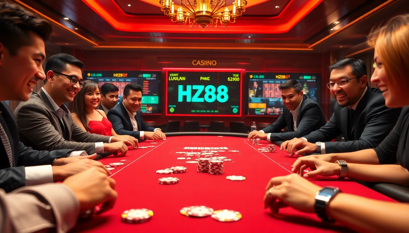 Exciting poker action at hz88 casino table with colorful chips and cards.
