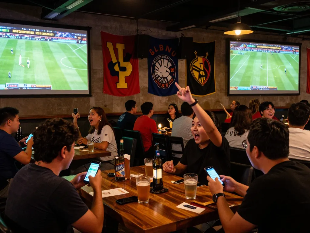 Excited fans check kết quả bóng đá in a lively sports bar during a live match.