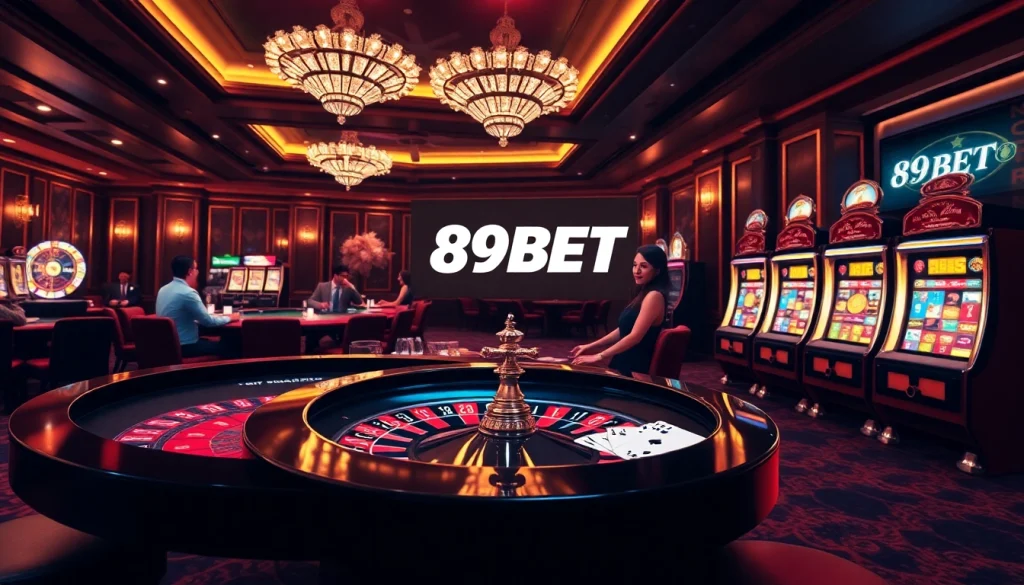 Players enjoying a thrilling gambling experience at 89BET casino, featuring roulette and poker elements.