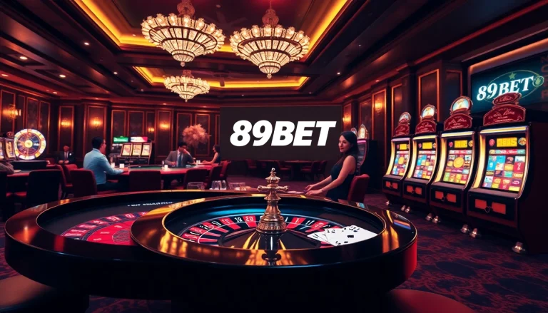 Players enjoying a thrilling gambling experience at 89BET casino, featuring roulette and poker elements.