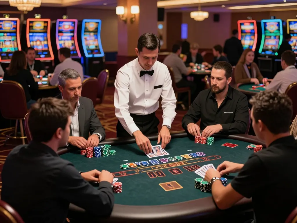 Players engaged in a thrilling blackjack game at the km777 casino, depicting intense gameplay and strategic betting.
