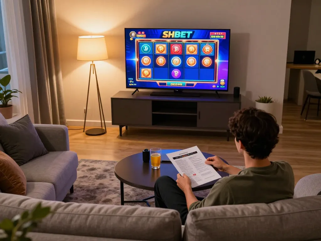 Engaged player enjoying SHBET slots on a modern screen in a cozy home setup.