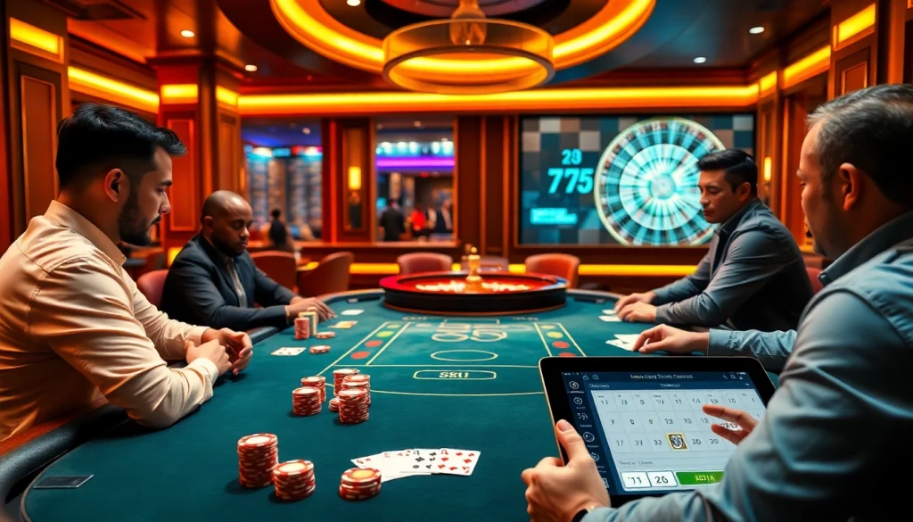 Engaged players at the KK55-themed poker table showcase strategic plays in a luxury casino setting.