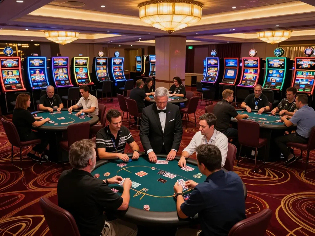 Players engaging at poker tables in fly88 casino, showcasing a vibrant gaming atmosphere.