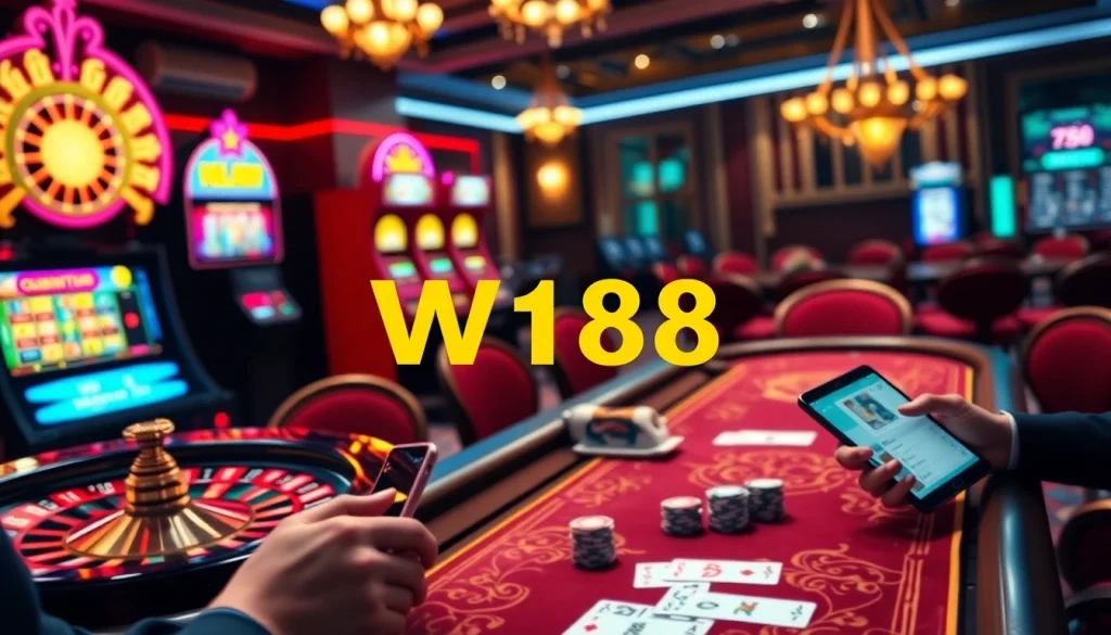 W188 enhances the gaming experience with vibrant casino visuals featuring roulette and poker.