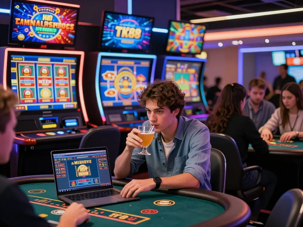 Enthusiastic players experiencing TK88's vibrant online gambling platform with various games in a dynamic setting.