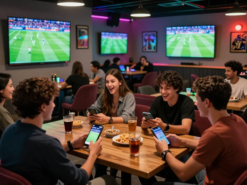 bong99 online gambling experience with friends enjoying a football match in a lively gaming lounge atmosphere.