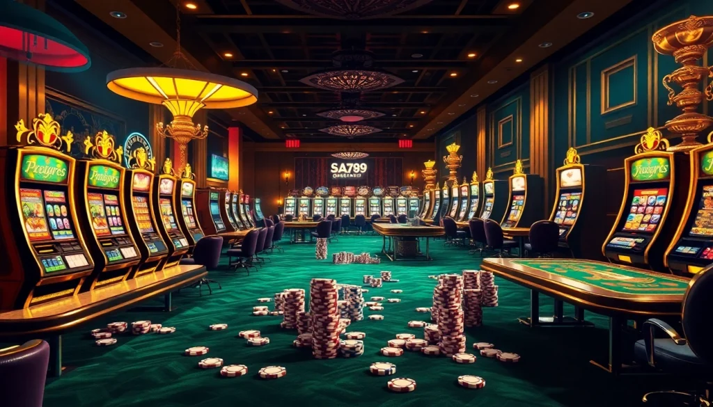 Players engage in exciting games at SAO789's vibrant casino, showcasing slot machines and poker chips.