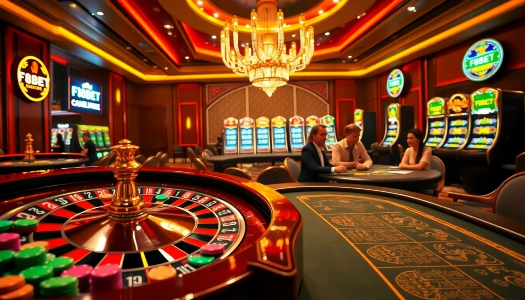 Players enjoying thrilling games at F8BET Casino, featuring roulette, poker, and slots.