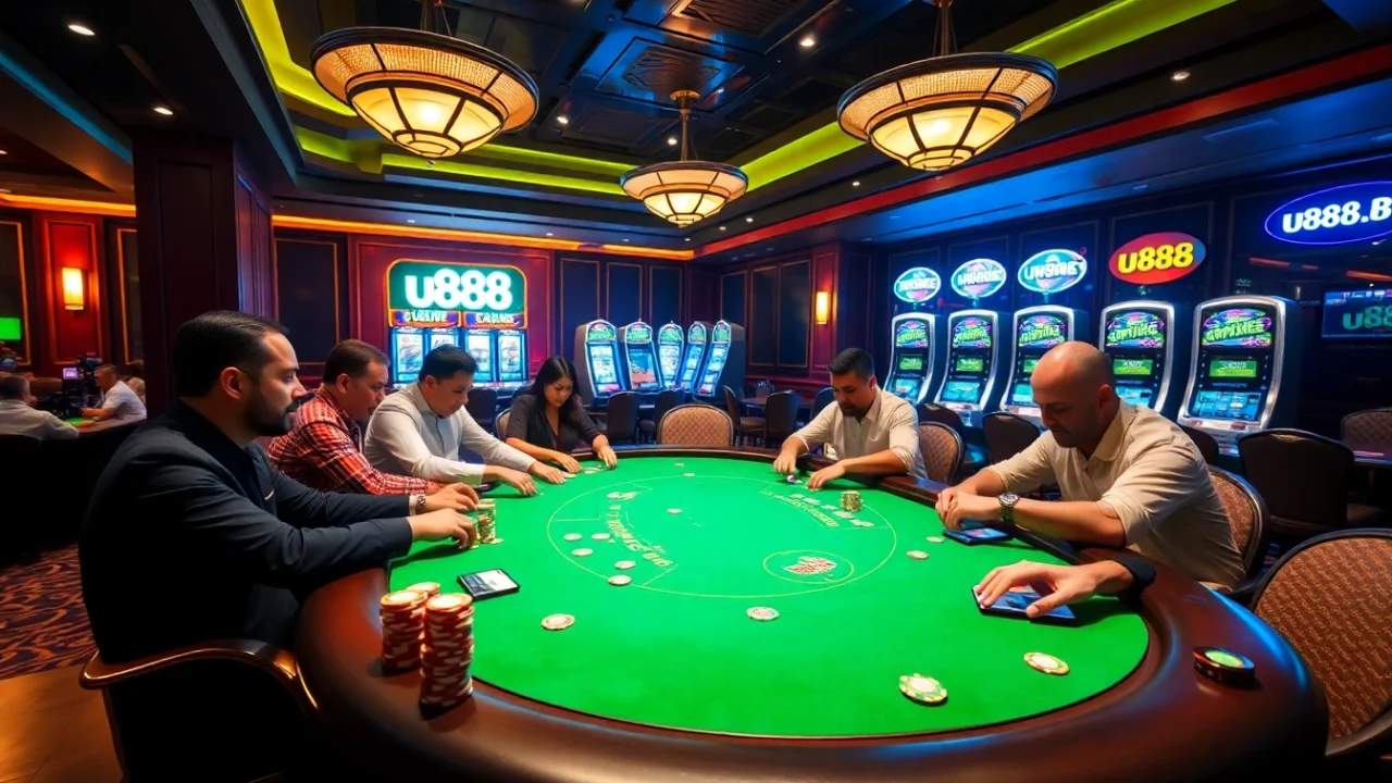 Engaging poker game at u888 casino with colorful chips and high-tech slots.