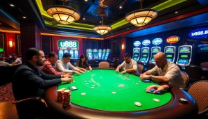 Engaging poker game at u888 casino with colorful chips and high-tech slots.