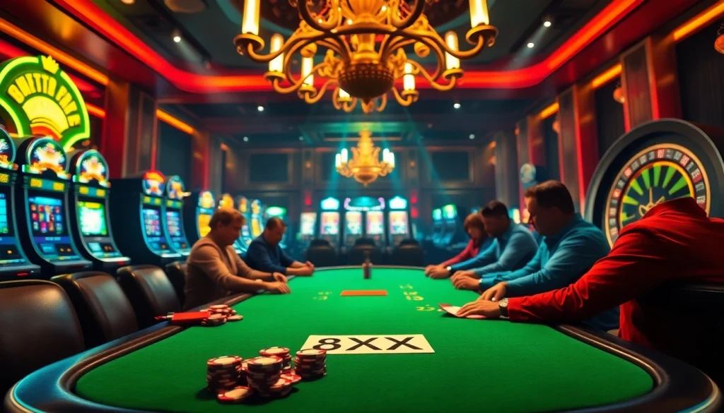 Experience high-stakes gambling at 8XX's luxurious poker table, featuring vibrant chips and a spinning roulette wheel.