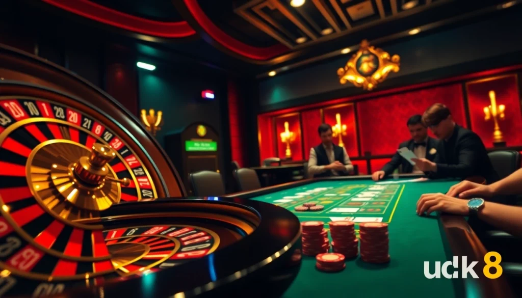 Win big with luck8 at an exciting poker table featuring vibrant chips and a roulette wheel.