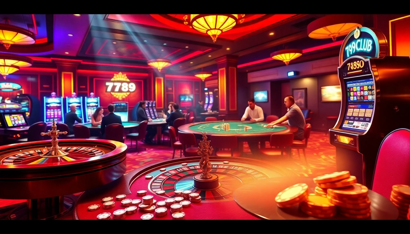 Intense action at the 789 club, showcasing players engaged at the poker table and vibrant slot machines.