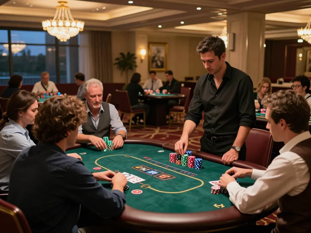 go86vn players strategizing at an upscale poker table in a vibrant casino ambiance