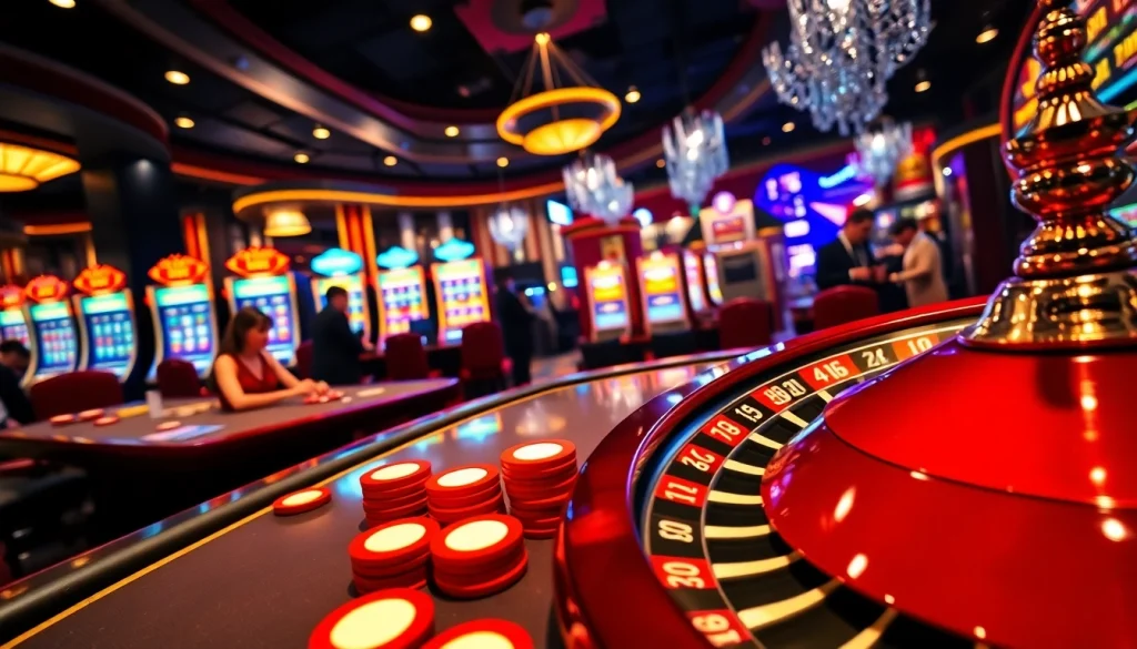 Bong99 betting scene with poker chips, slot machines, and roulette wheel.