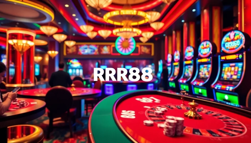Players enjoying various games at RR88's vibrant casino environment with exciting slots and roulette.
