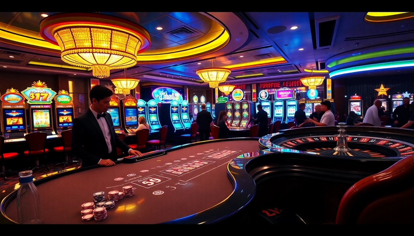 High-stakes blackjack action at a luxurious okfun casino with vibrant lighting and professional dealers.