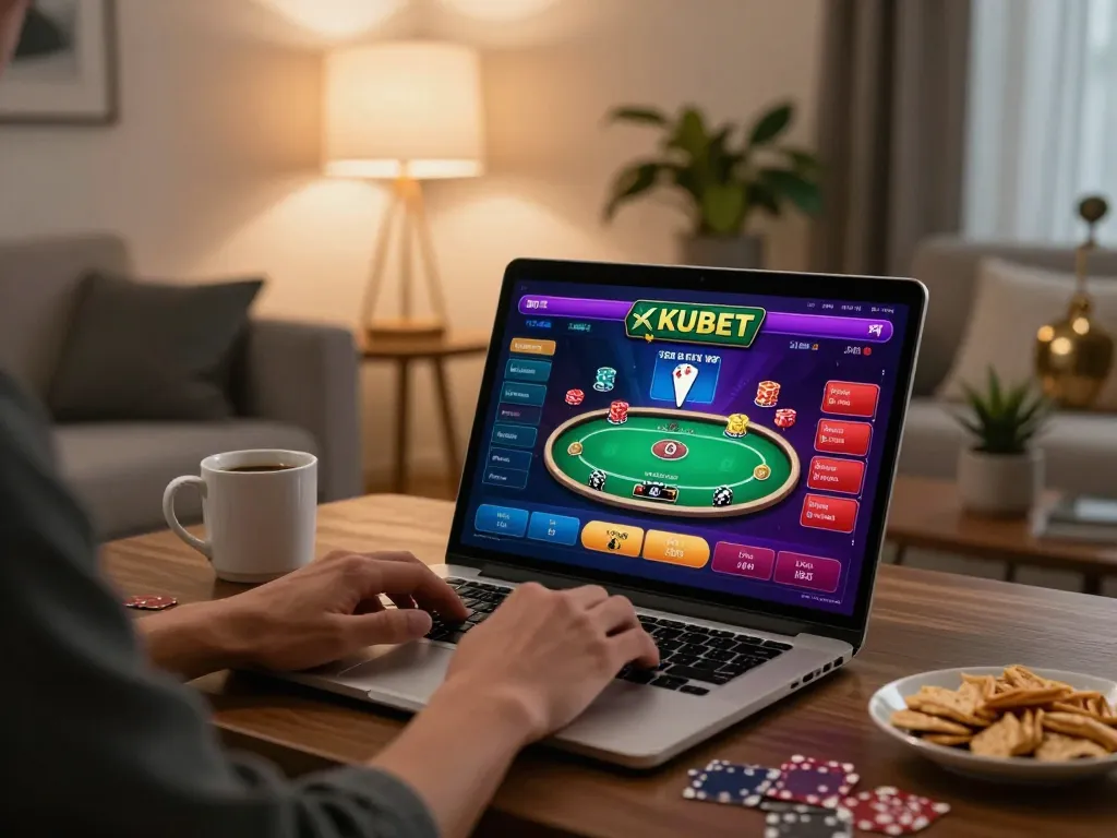 KUBET player engaging in online casino poker game from modern living room with cozy setup
