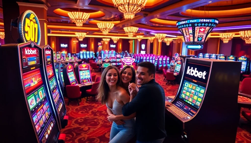 Celebrate a big win at kbbet with vibrant casino visuals featuring slot machines and poker tables.