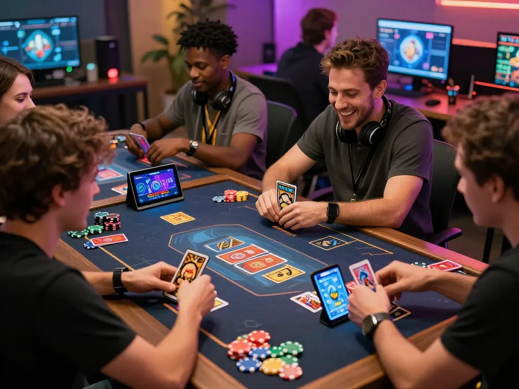 Exciting group of friends enjoying rik vip online card games in a lively digital gaming environment.