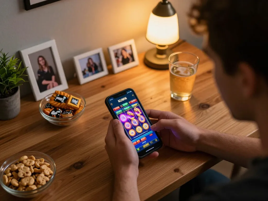 Engaged player spinning slots on KUWIN mobile app, showcasing online casino excitement in cozy gaming setup.