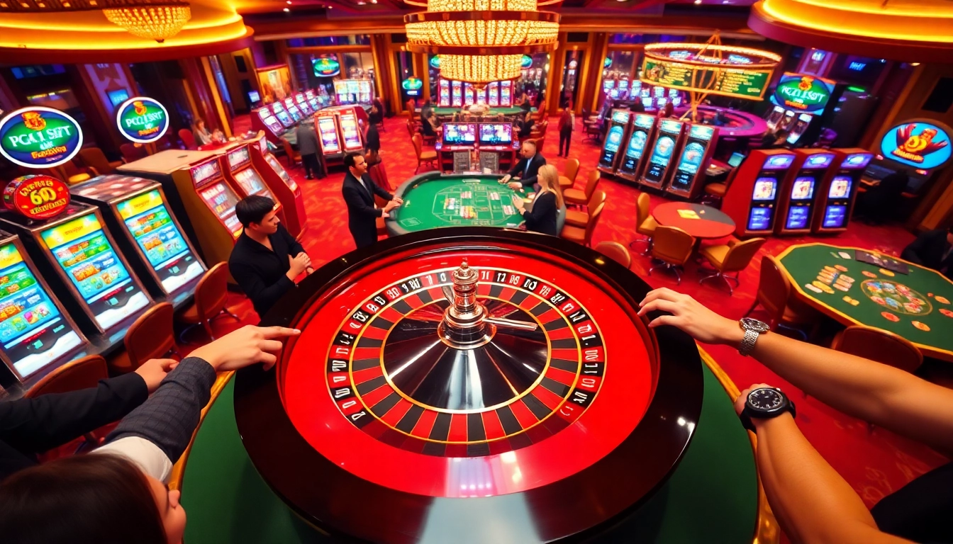 Players engaging in high-stakes gambling at PG66 casino, featuring roulette and slot machines.