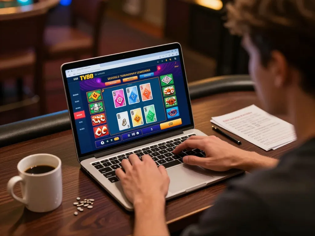 Player engaging with TV88 online casino interface from a cozy home workspace during game.