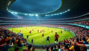 Xem bóng đá hôm nay in a thrilling football match scene with players in action and a cheering crowd.